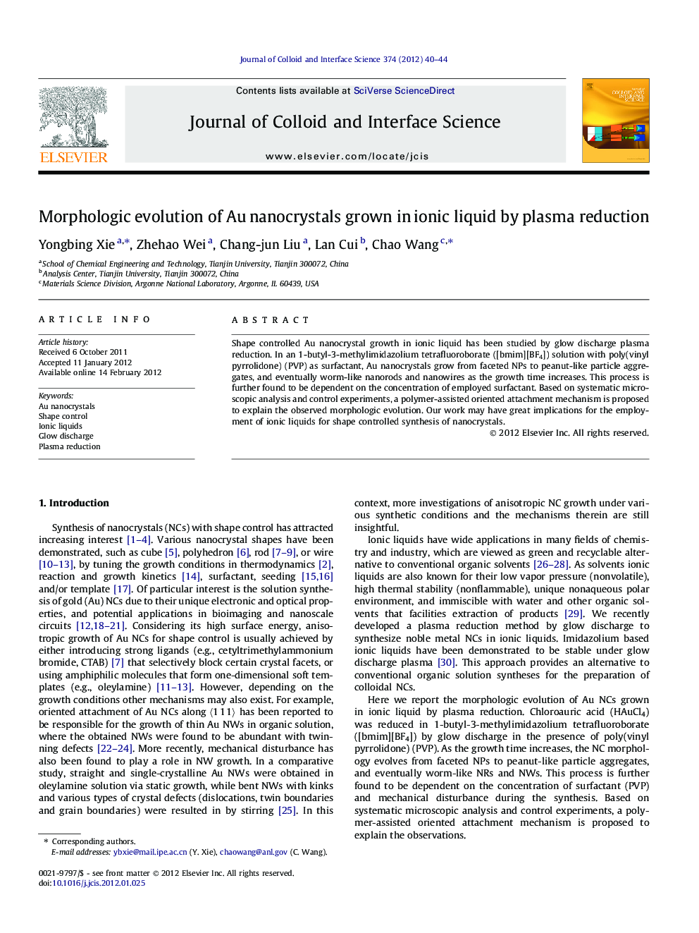 Morphologic evolution of Au nanocrystals grown in ionic liquid by plasma reduction