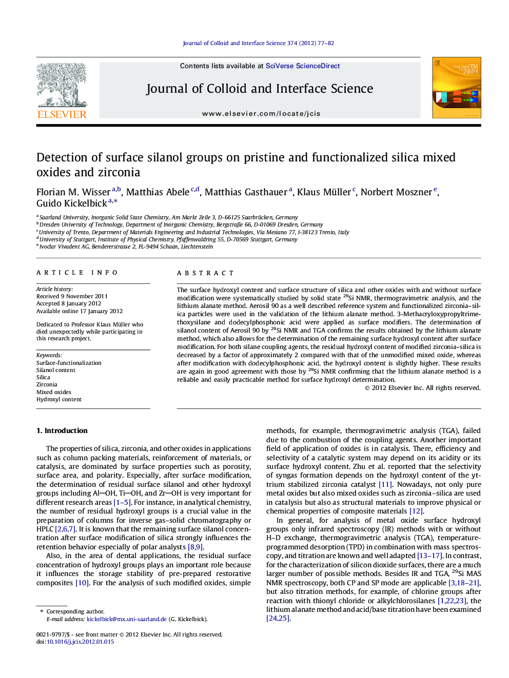 Detection of surface silanol groups on pristine and functionalized silica mixed oxides and zirconia