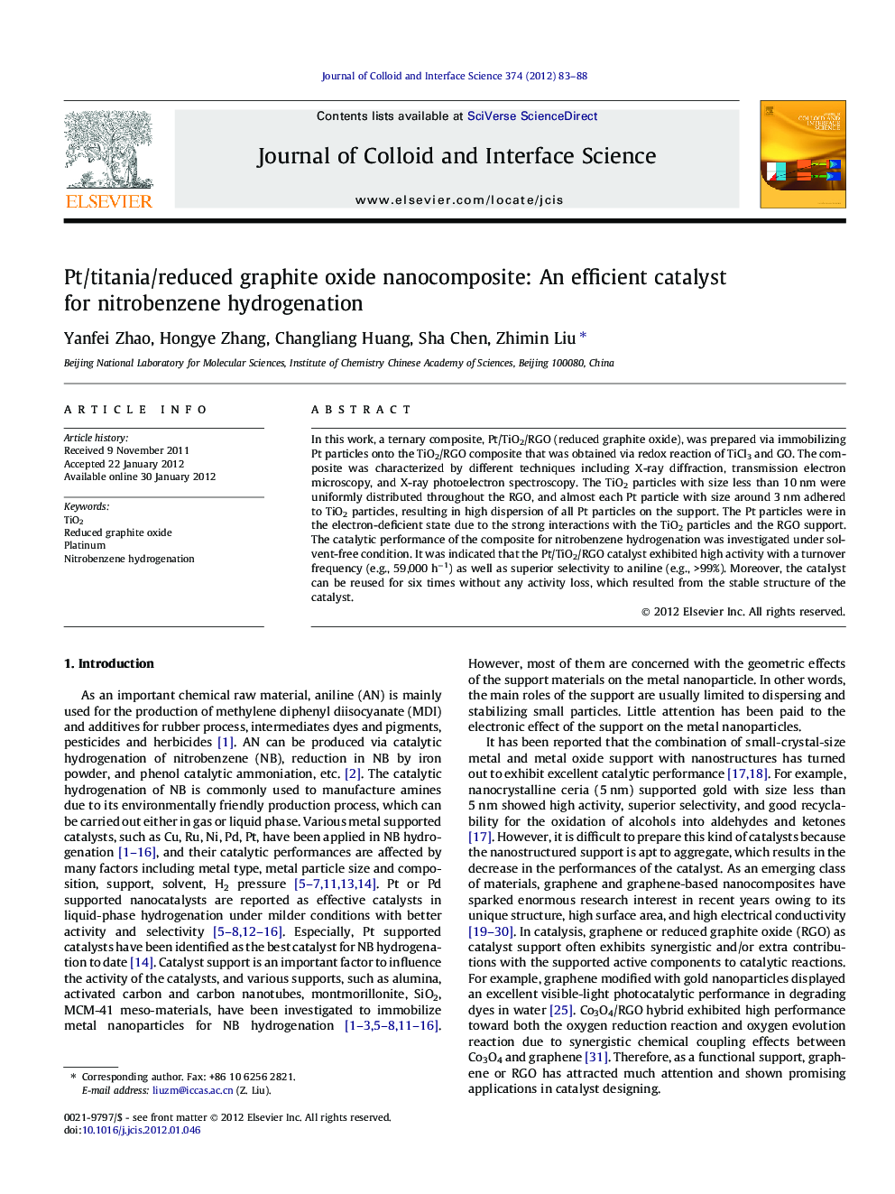 Pt/titania/reduced graphite oxide nanocomposite: An efficient catalyst for nitrobenzene hydrogenation