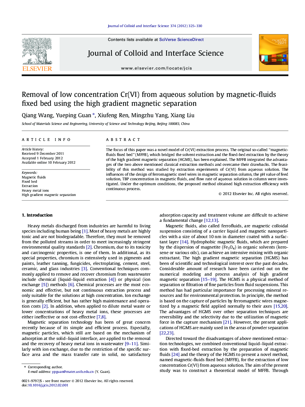 Removal of low concentration Cr(VI) from aqueous solution by magnetic-fluids fixed bed using the high gradient magnetic separation