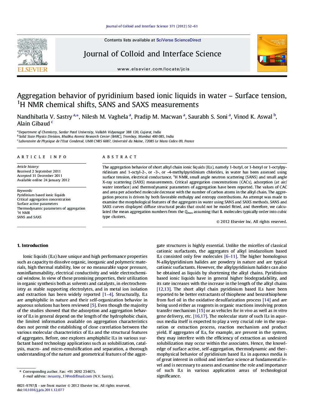 Aggregation behavior of pyridinium based ionic liquids in water - Surface tension, 1H NMR chemical shifts, SANS and SAXS measurements