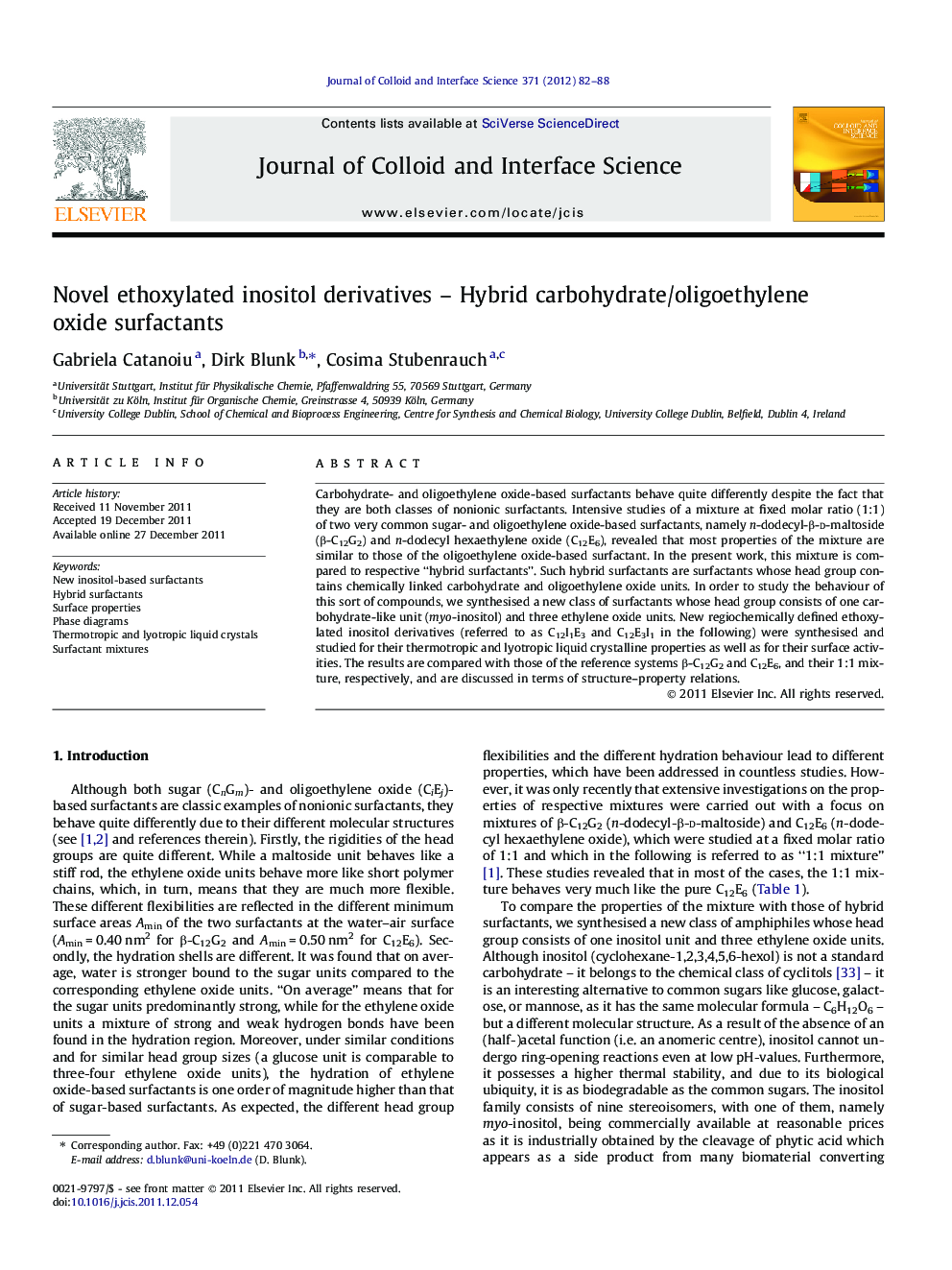 Novel ethoxylated inositol derivatives - Hybrid carbohydrate/oligoethylene oxide surfactants