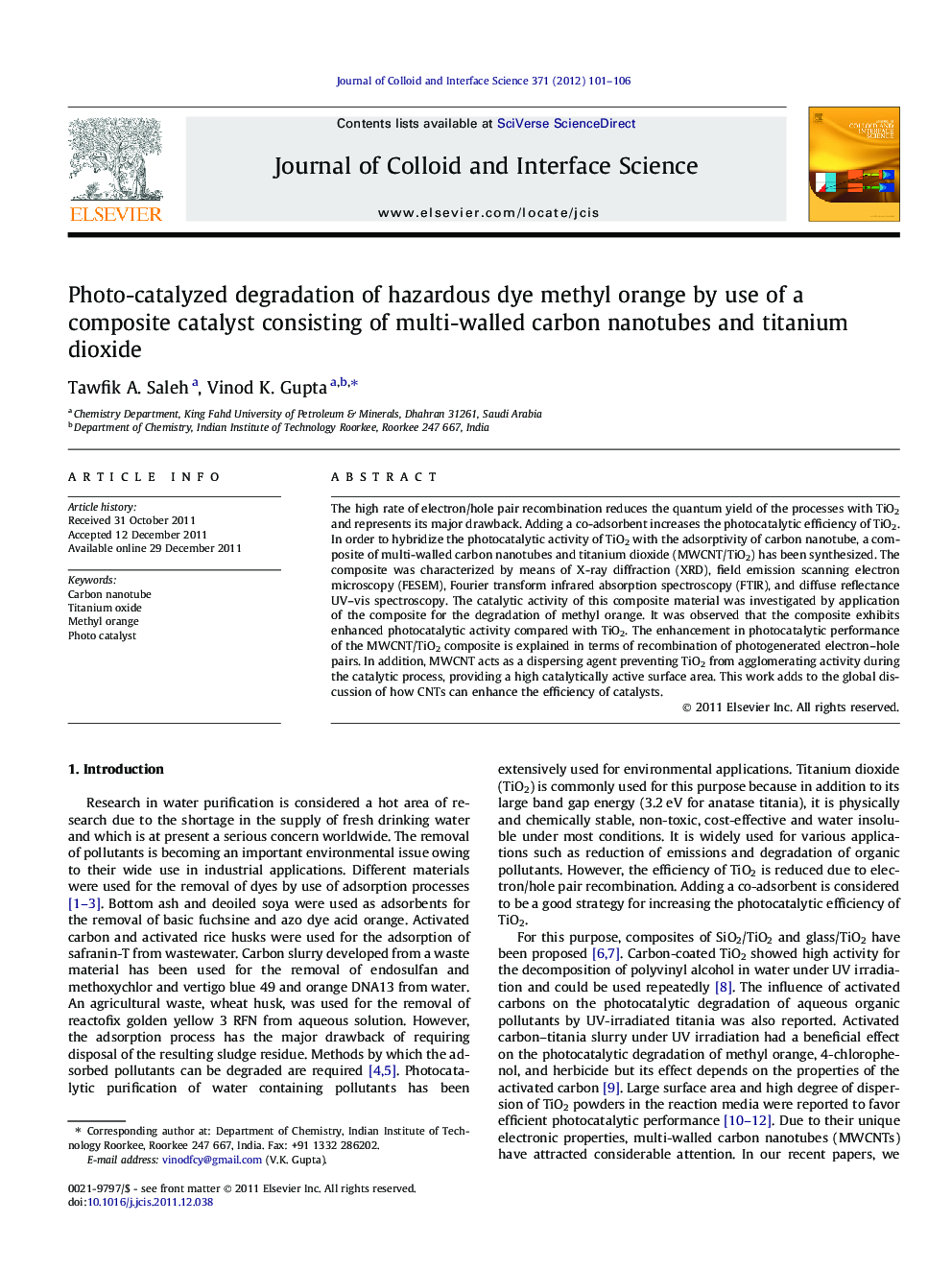 Photo-catalyzed degradation of hazardous dye methyl orange by use of a composite catalyst consisting of multi-walled carbon nanotubes and titanium dioxide