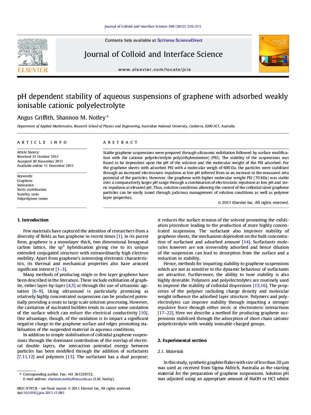 pH dependent stability of aqueous suspensions of graphene with adsorbed weakly ionisable cationic polyelectrolyte