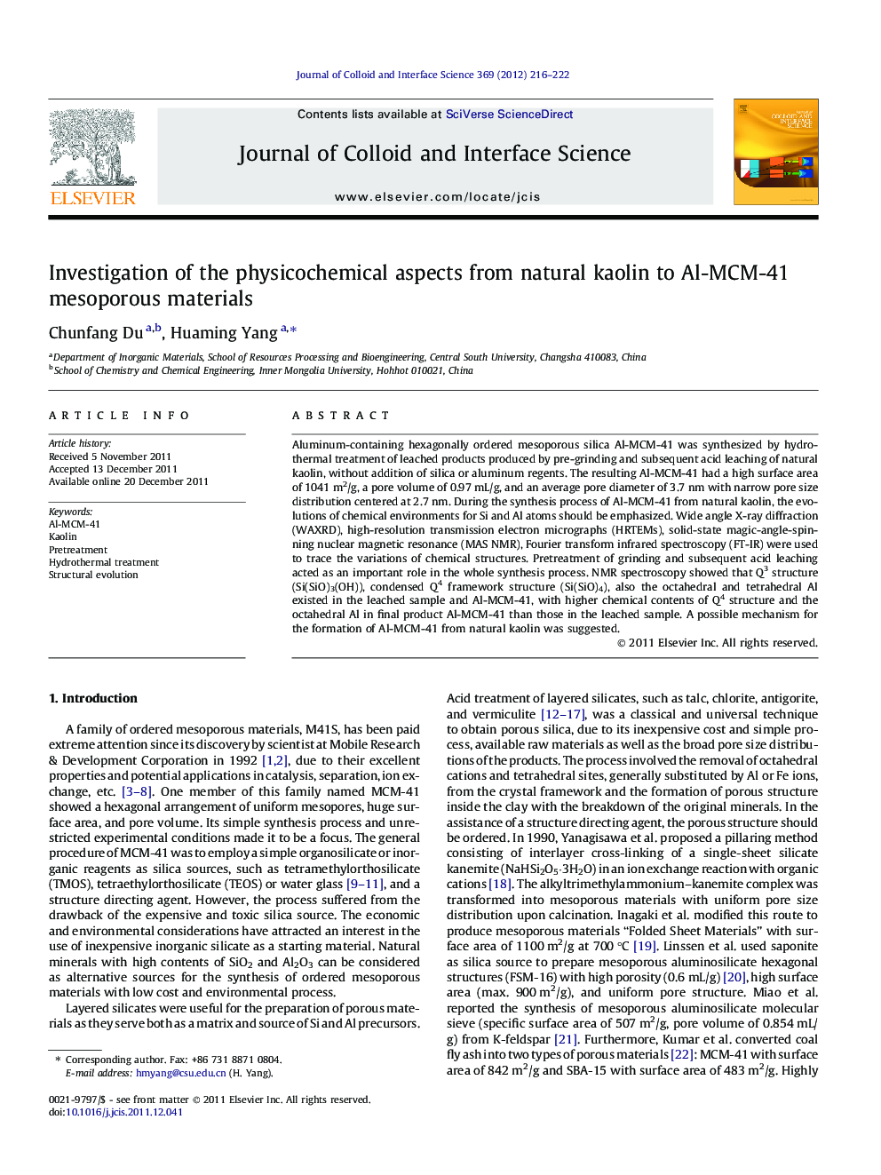 Investigation of the physicochemical aspects from natural kaolin to Al-MCM-41 mesoporous materials