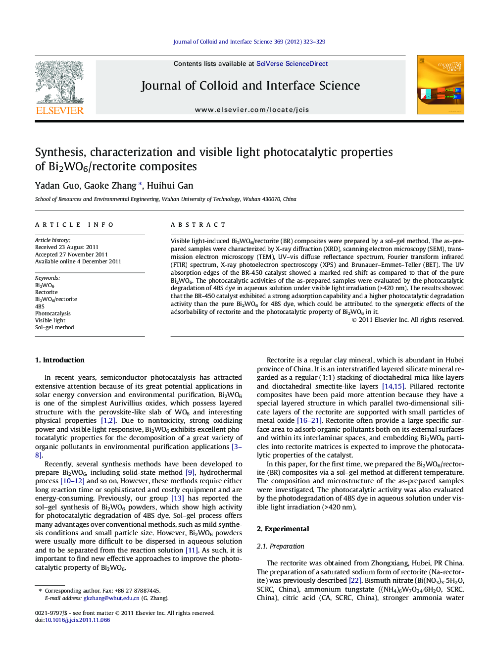 Synthesis, characterization and visible light photocatalytic properties of Bi2WO6/rectorite composites