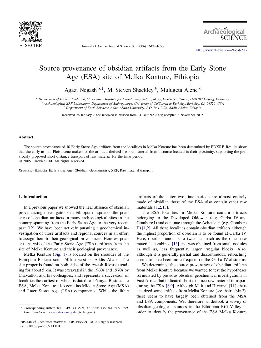 Source provenance of obsidian artifacts from the Early Stone Age (ESA) site of Melka Konture, Ethiopia