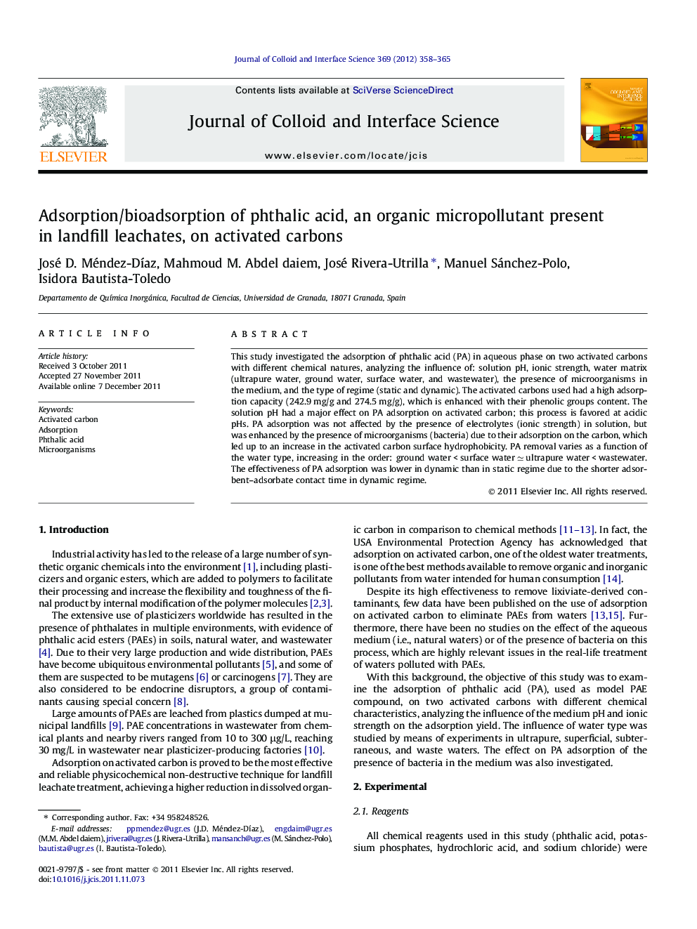 Adsorption/bioadsorption of phthalic acid, an organic micropollutant present in landfill leachates, on activated carbons