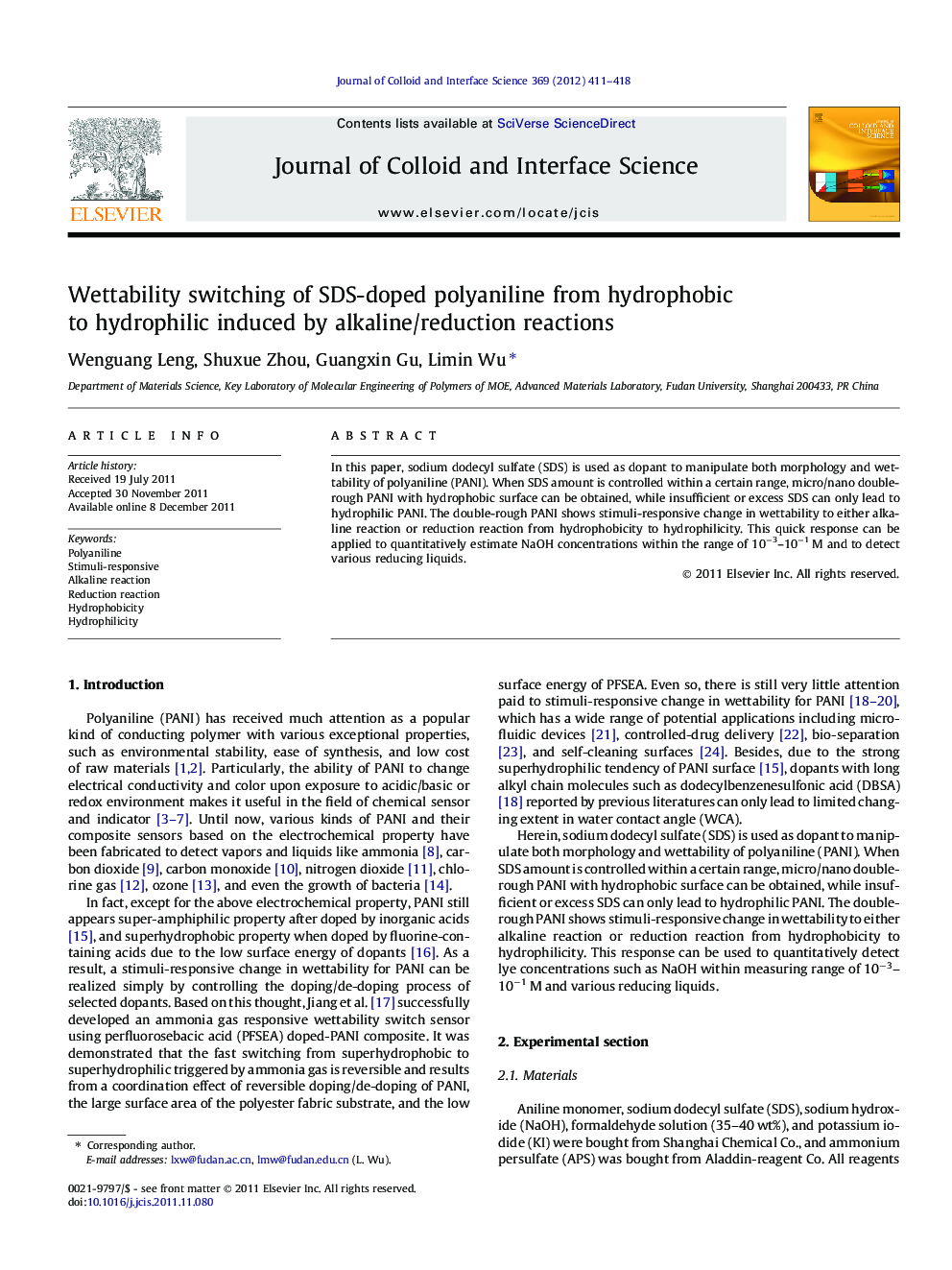 Wettability switching of SDS-doped polyaniline from hydrophobic to hydrophilic induced by alkaline/reduction reactions