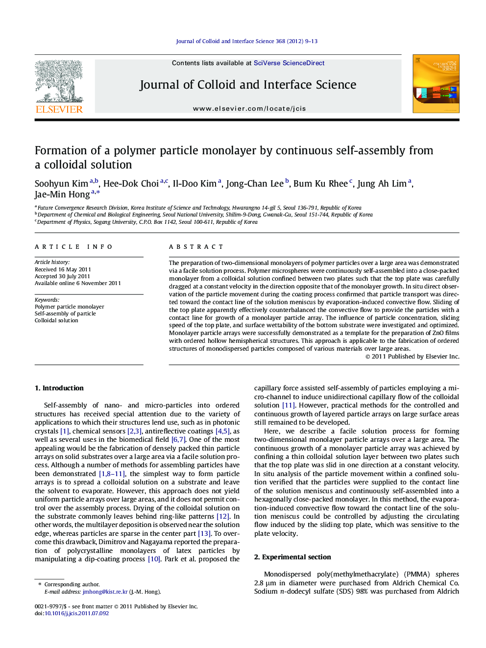 Formation of a polymer particle monolayer by continuous self-assembly from a colloidal solution