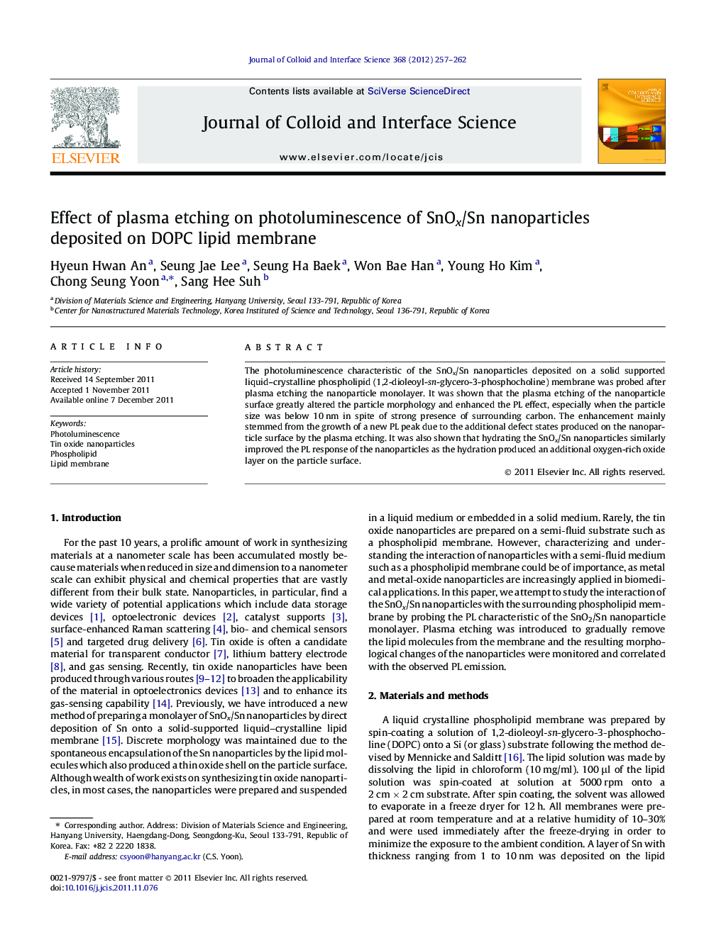 Effect of plasma etching on photoluminescence of SnOx/Sn nanoparticles deposited on DOPC lipid membrane