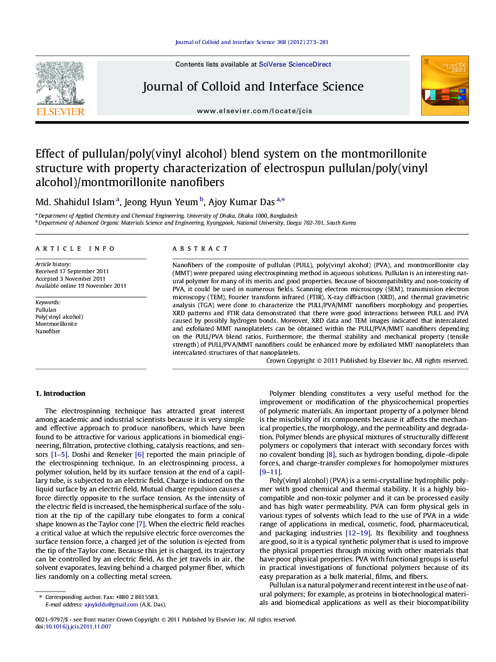 Effect of pullulan/poly(vinyl alcohol) blend system on the montmorillonite structure with property characterization of electrospun pullulan/poly(vinyl alcohol)/montmorillonite nanofibers