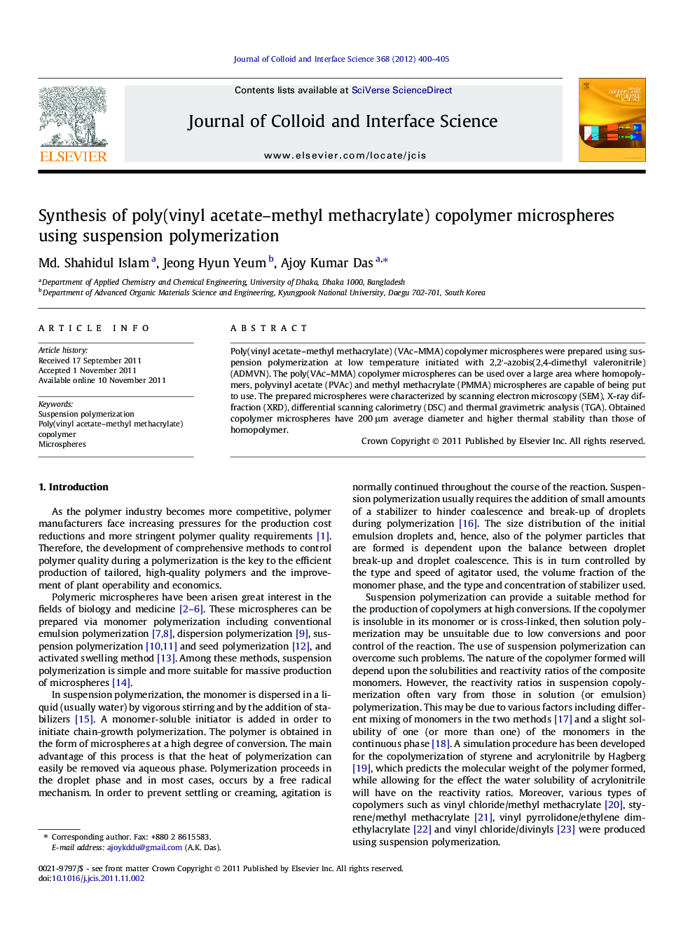 Synthesis of poly(vinyl acetate-methyl methacrylate) copolymer microspheres using suspension polymerization