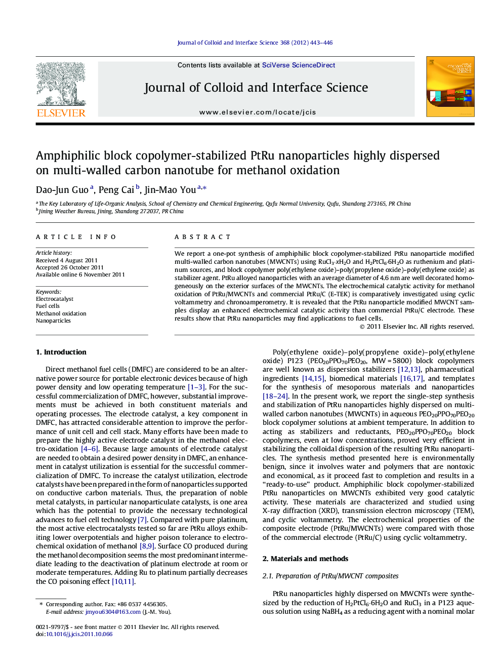 Amphiphilic block copolymer-stabilized PtRu nanoparticles highly dispersed on multi-walled carbon nanotube for methanol oxidation