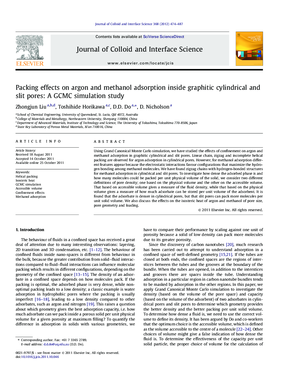 Packing effects on argon and methanol adsorption inside graphitic cylindrical and slit pores: A GCMC simulation study