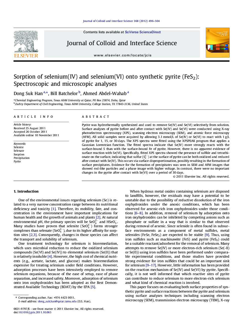 Sorption of selenium(IV) and selenium(VI) onto synthetic pyrite (FeS2): Spectroscopic and microscopic analyses