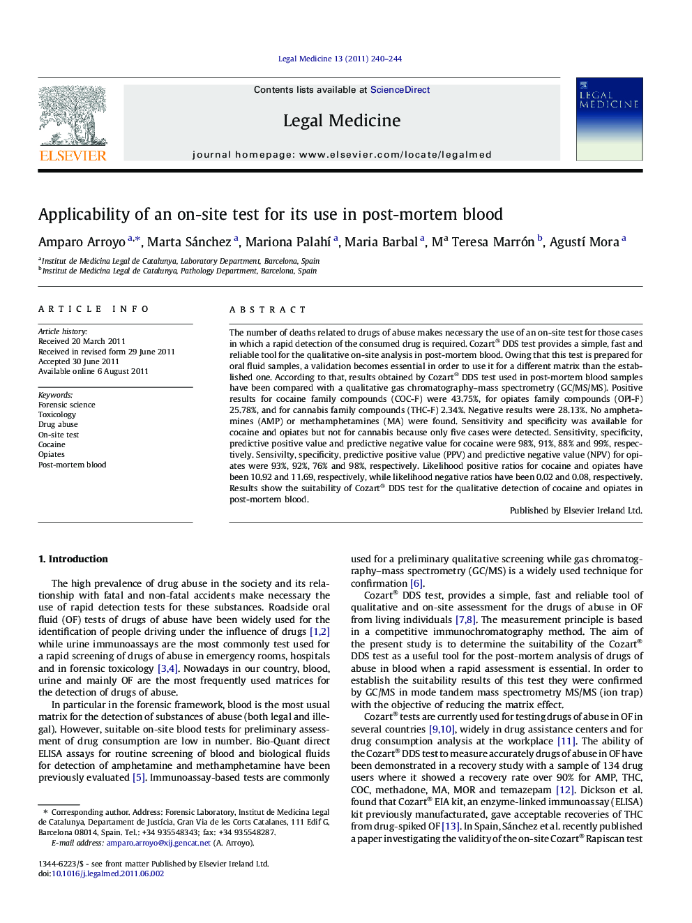 Applicability of an on-site test for its use in post-mortem blood