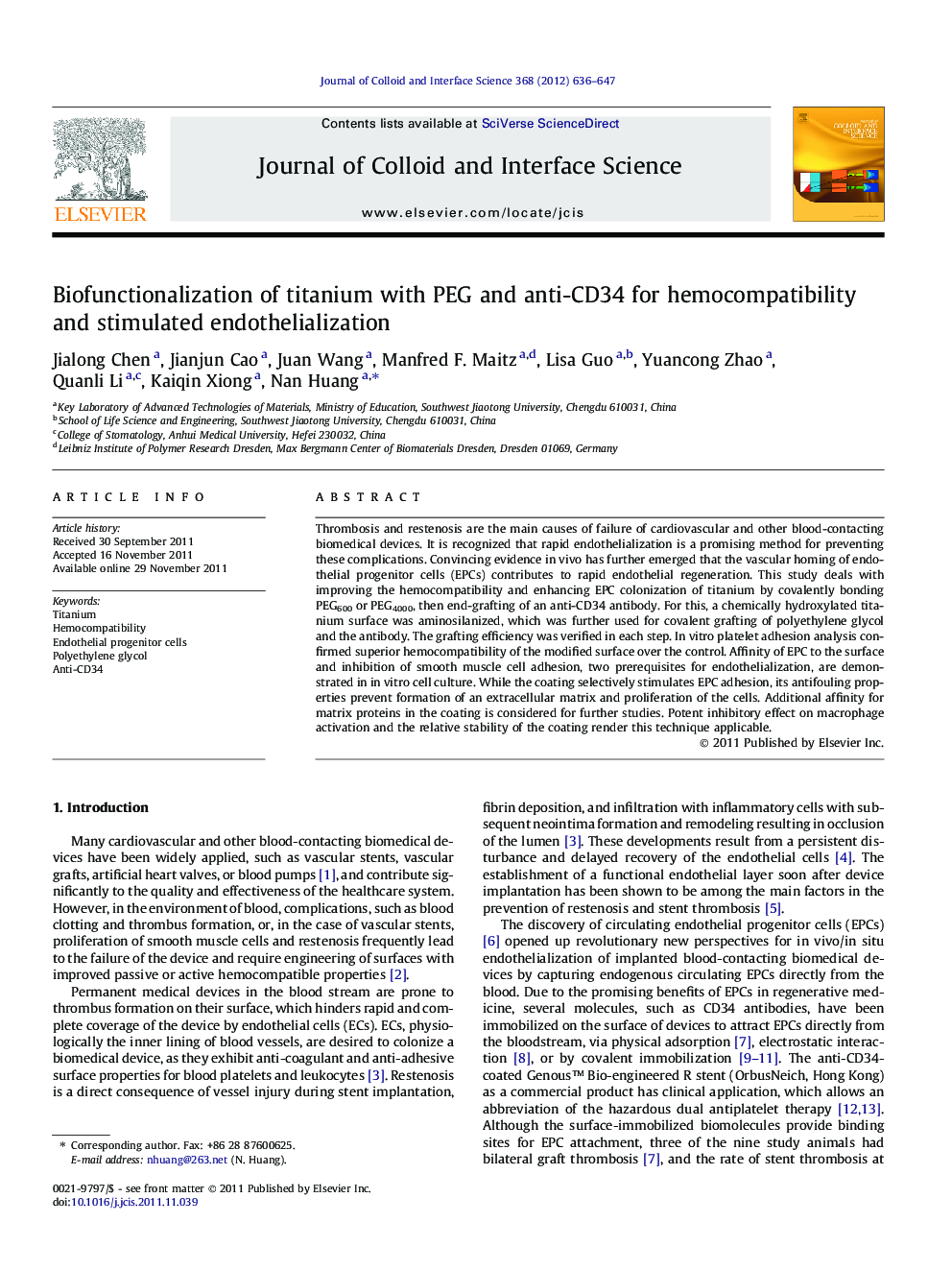 Biofunctionalization of titanium with PEG and anti-CD34 for hemocompatibility and stimulated endothelialization
