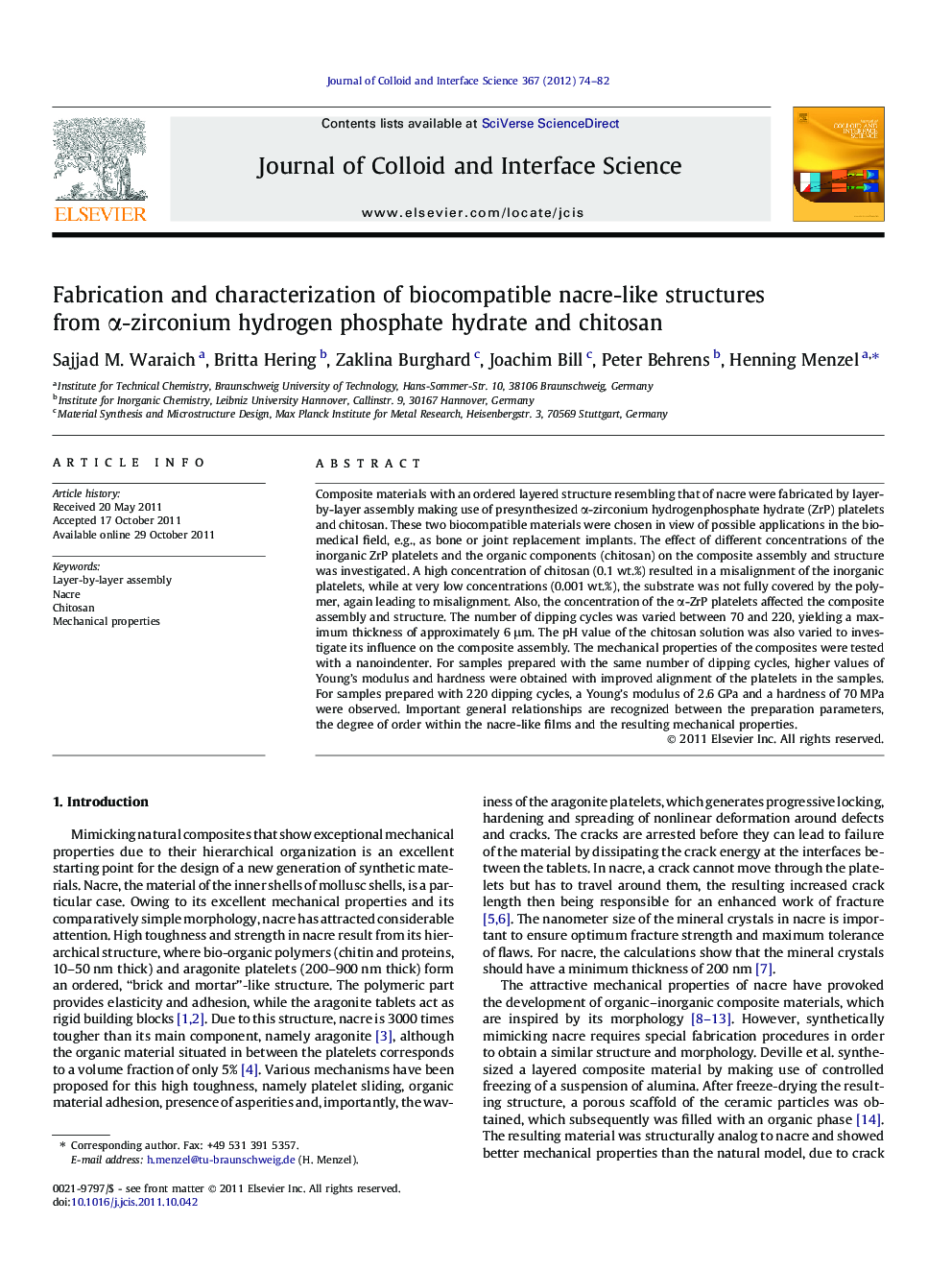 عکس صفحه اول مقاله: Fabrication and characterization of biocompatible nacre-like structures from α-zirconium hydrogen phosphate hydrate and chitosan Fabrication and characterization of biocompatible nacre-like structures from α-zirconium hydrogen phosphate hydrate and chitosan