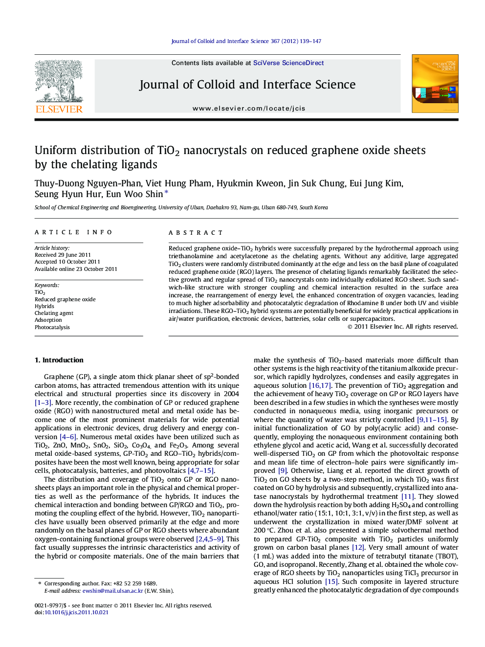 Uniform distribution of TiO2 nanocrystals on reduced graphene oxide sheets by the chelating ligands