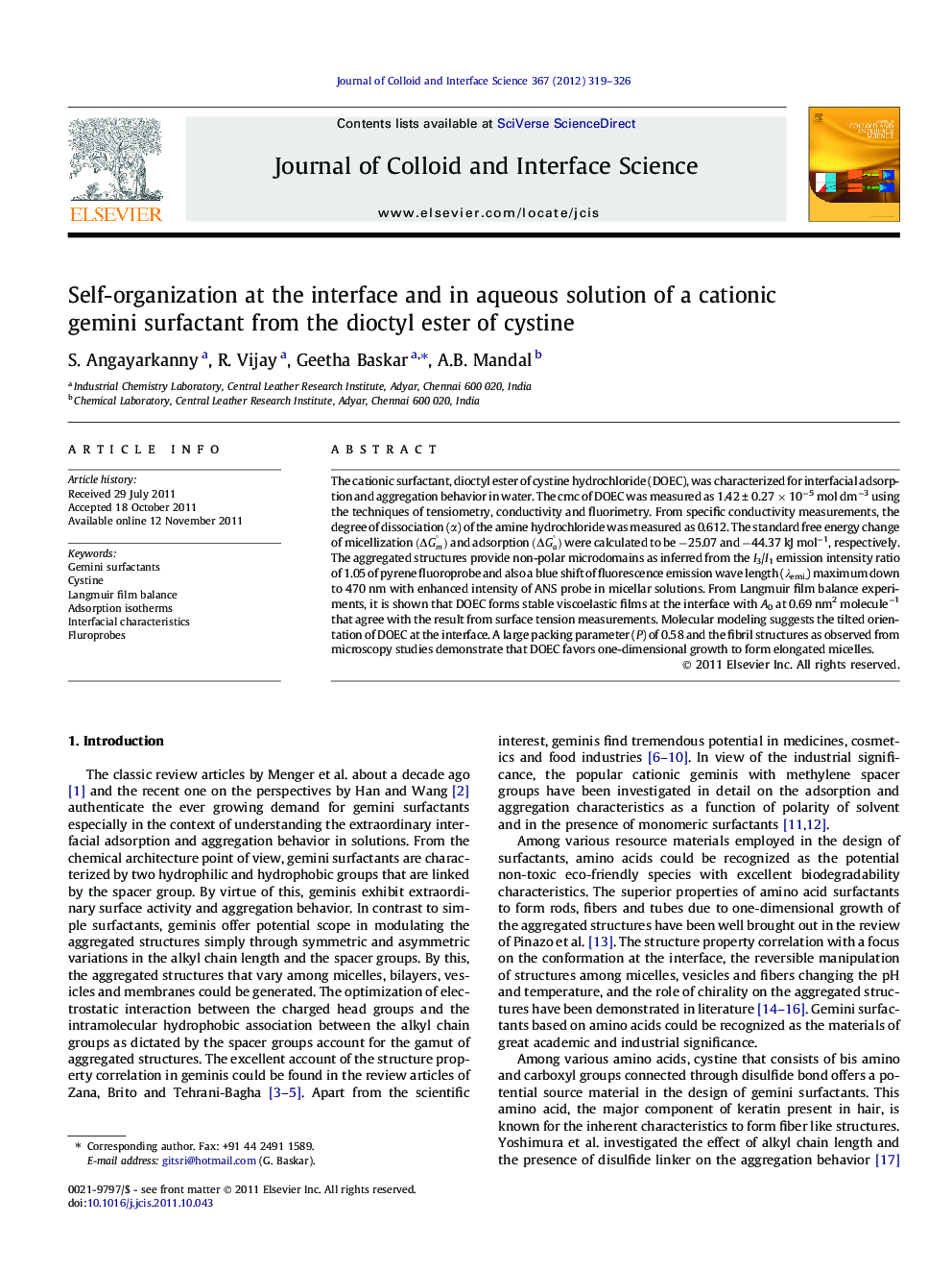 Self-organization at the interface and in aqueous solution of a cationic gemini surfactant from the dioctyl ester of cystine