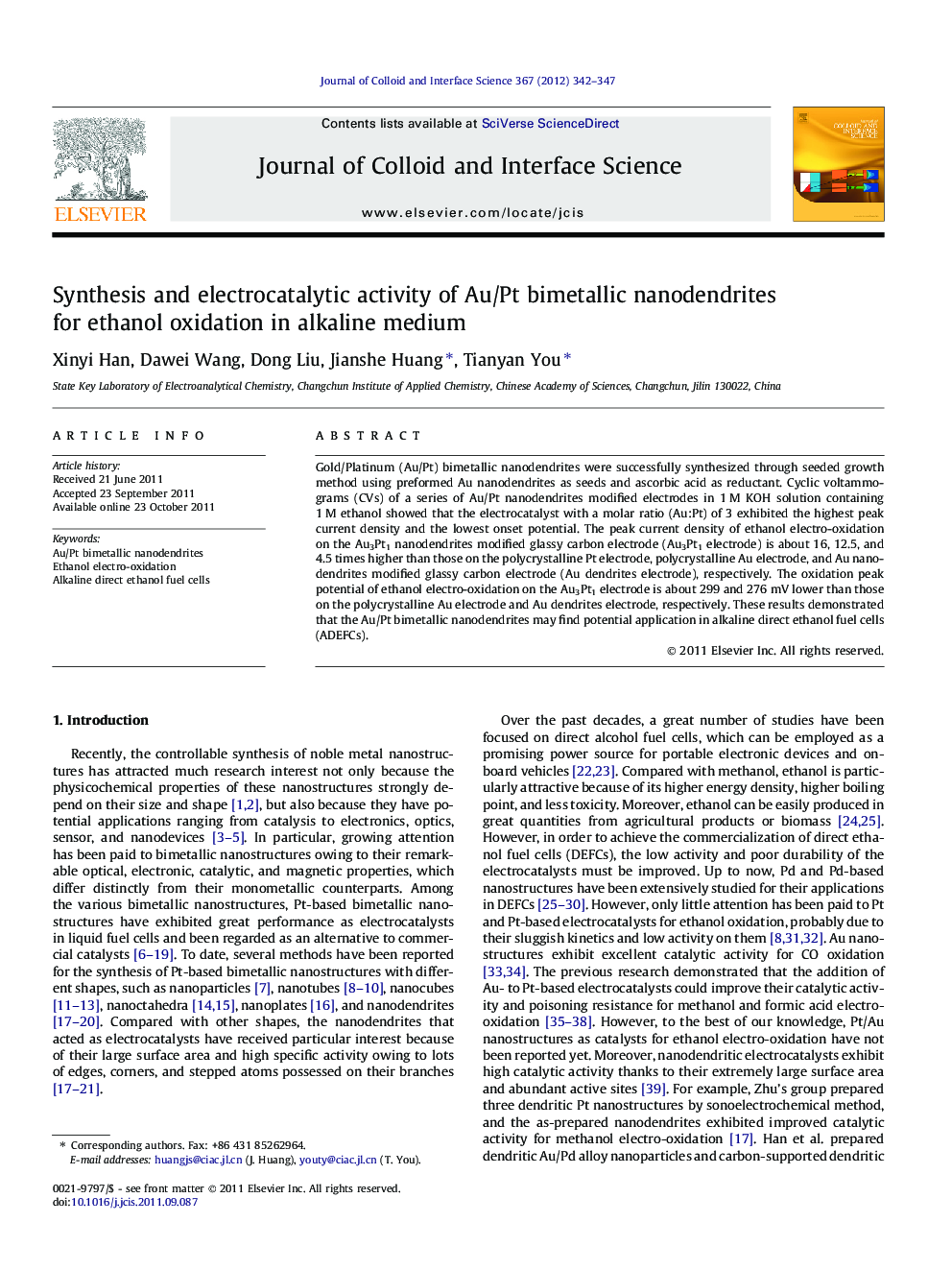 Synthesis and electrocatalytic activity of Au/Pt bimetallic nanodendrites for ethanol oxidation in alkaline medium