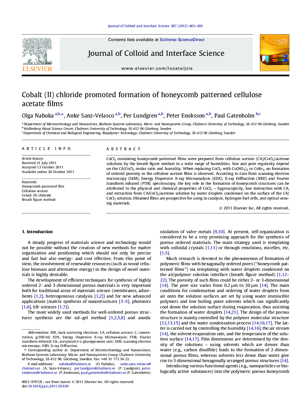 Cobalt (II) chloride promoted formation of honeycomb patterned cellulose acetate films