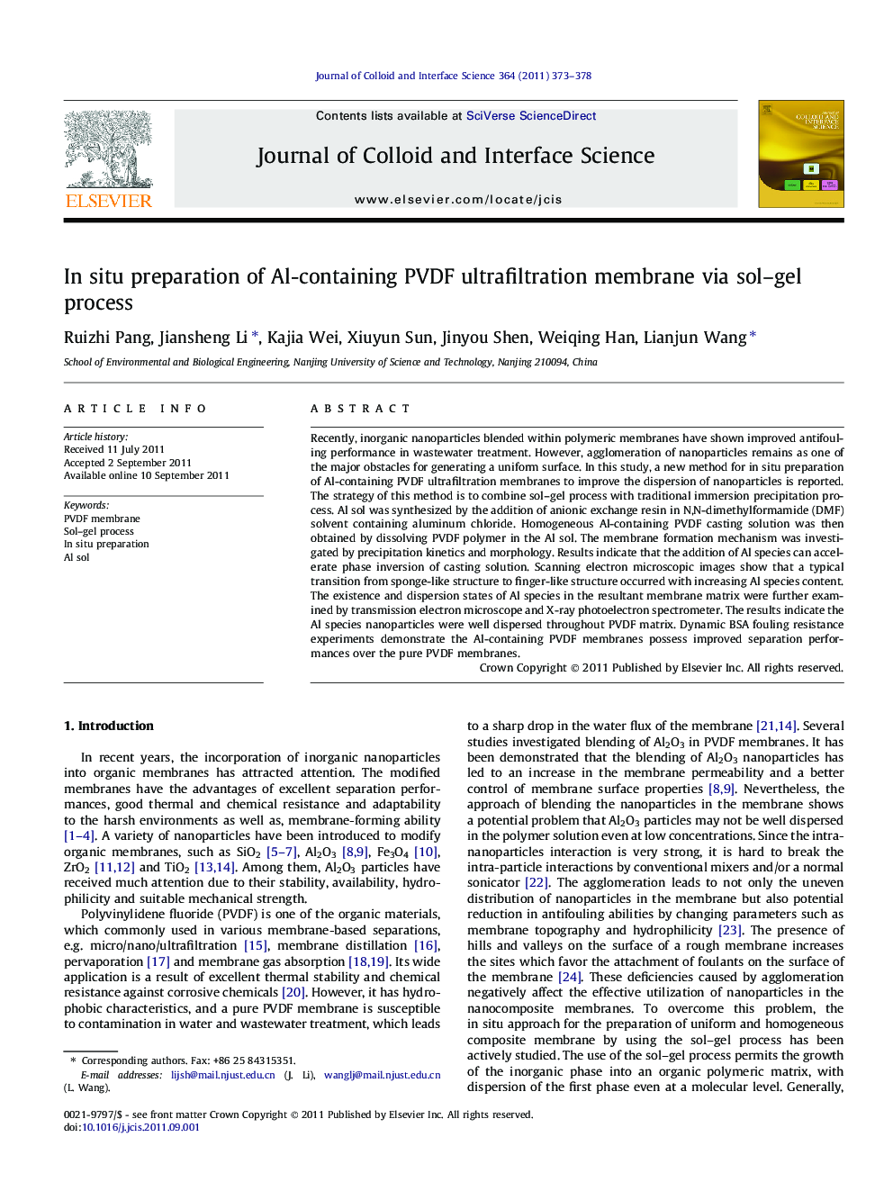 In situ preparation of Al-containing PVDF ultrafiltration membrane via sol-gel process