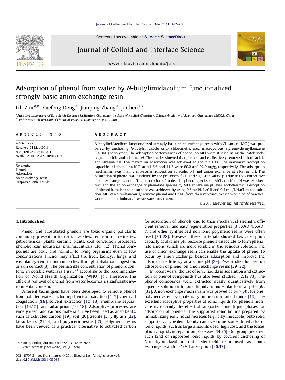 Adsorption of phenol from water by N-butylimidazolium functionalized strongly basic anion exchange resin