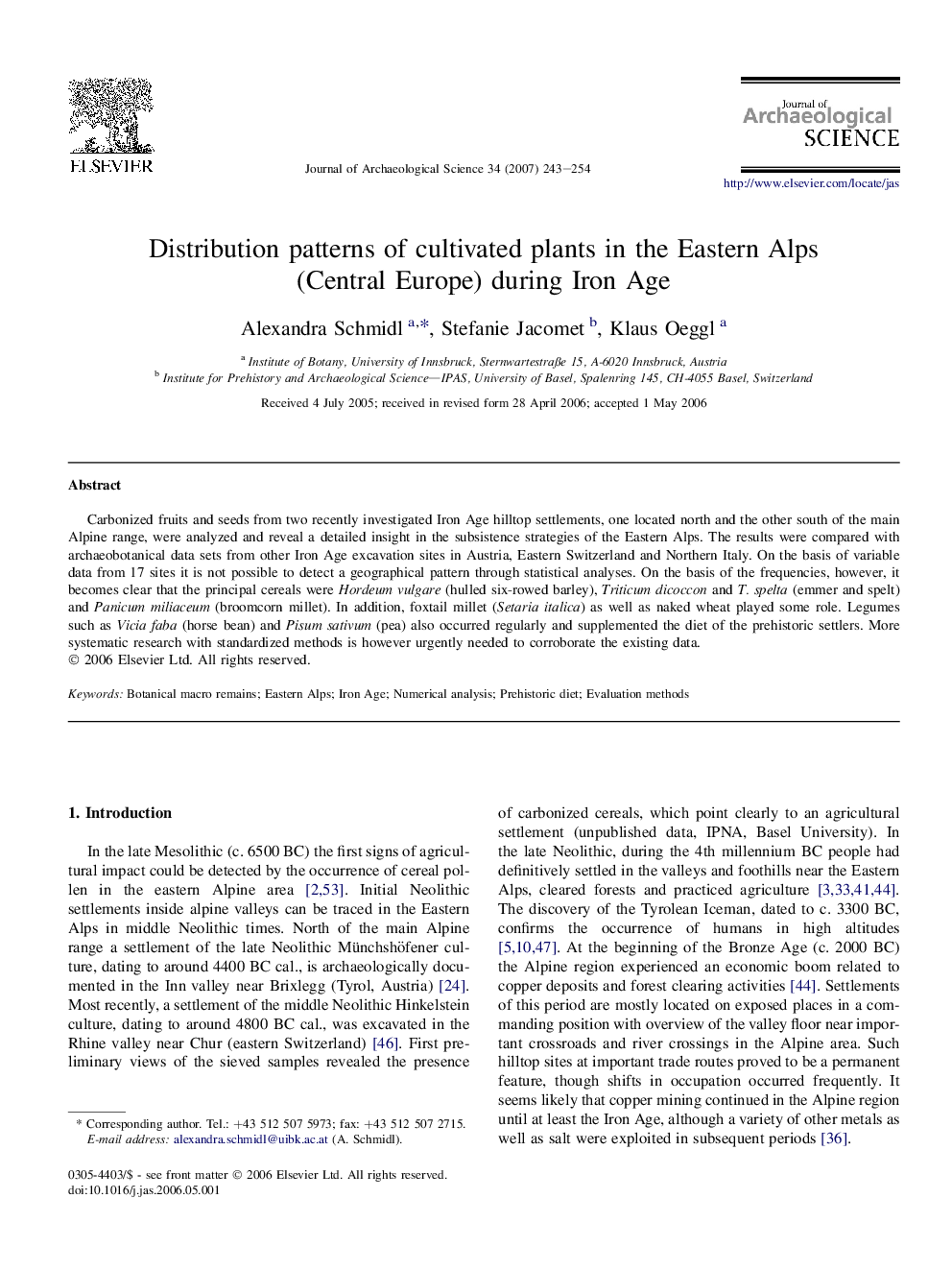 Distribution patterns of cultivated plants in the Eastern Alps (Central Europe) during Iron Age