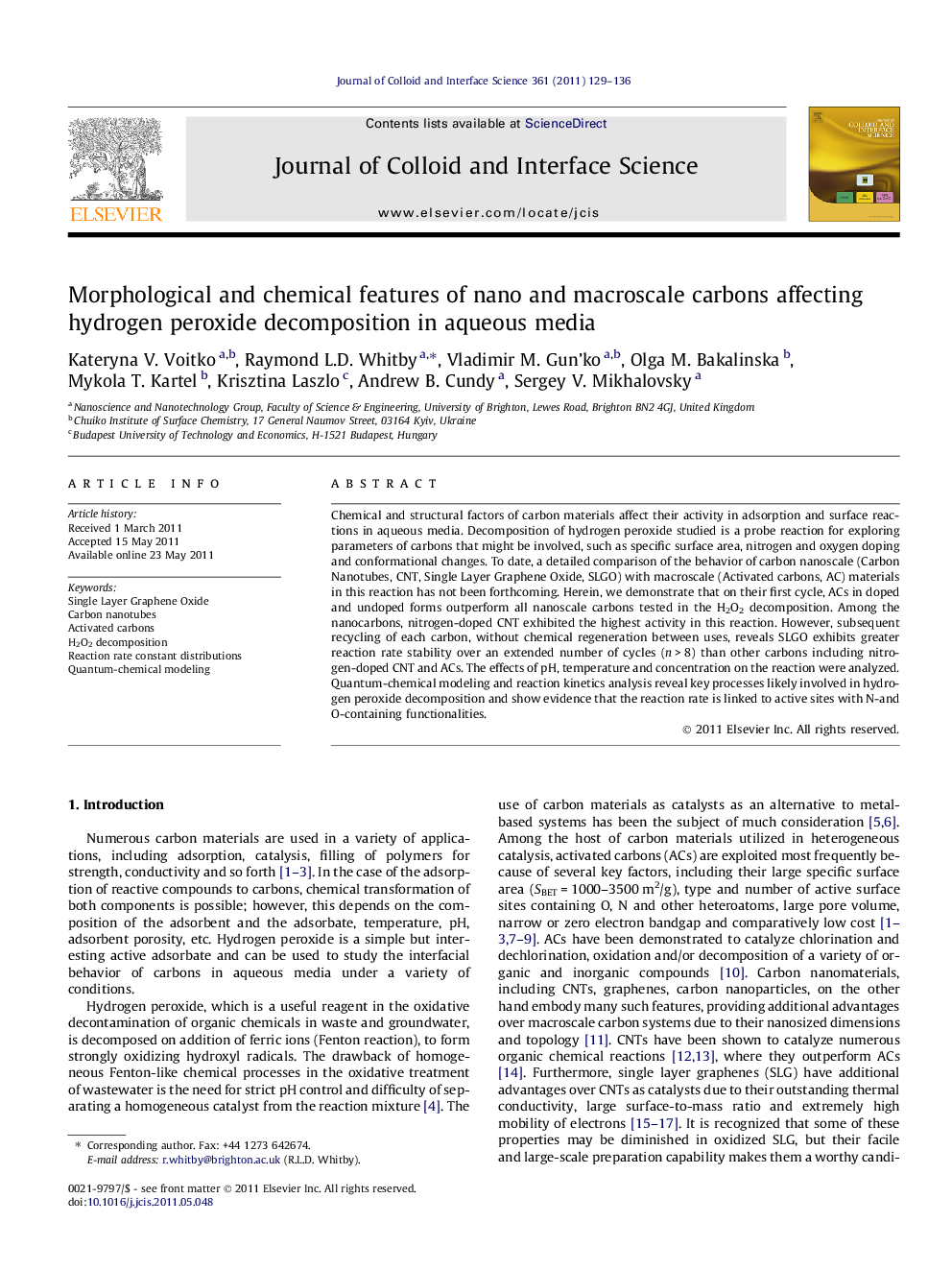 Morphological and chemical features of nano and macroscale carbons affecting hydrogen peroxide decomposition in aqueous media