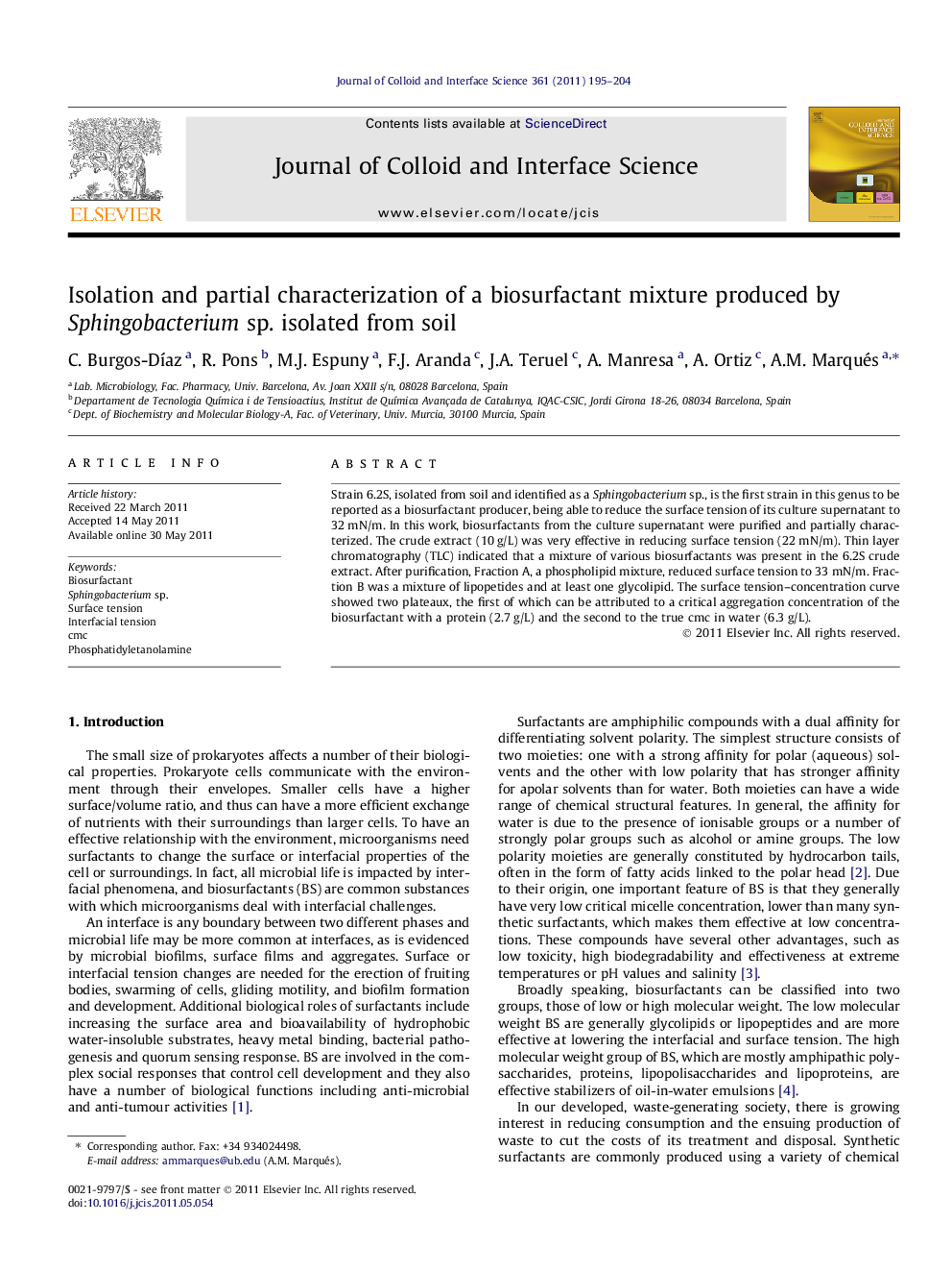 Isolation and partial characterization of a biosurfactant mixture produced by Sphingobacterium sp. isolated from soil