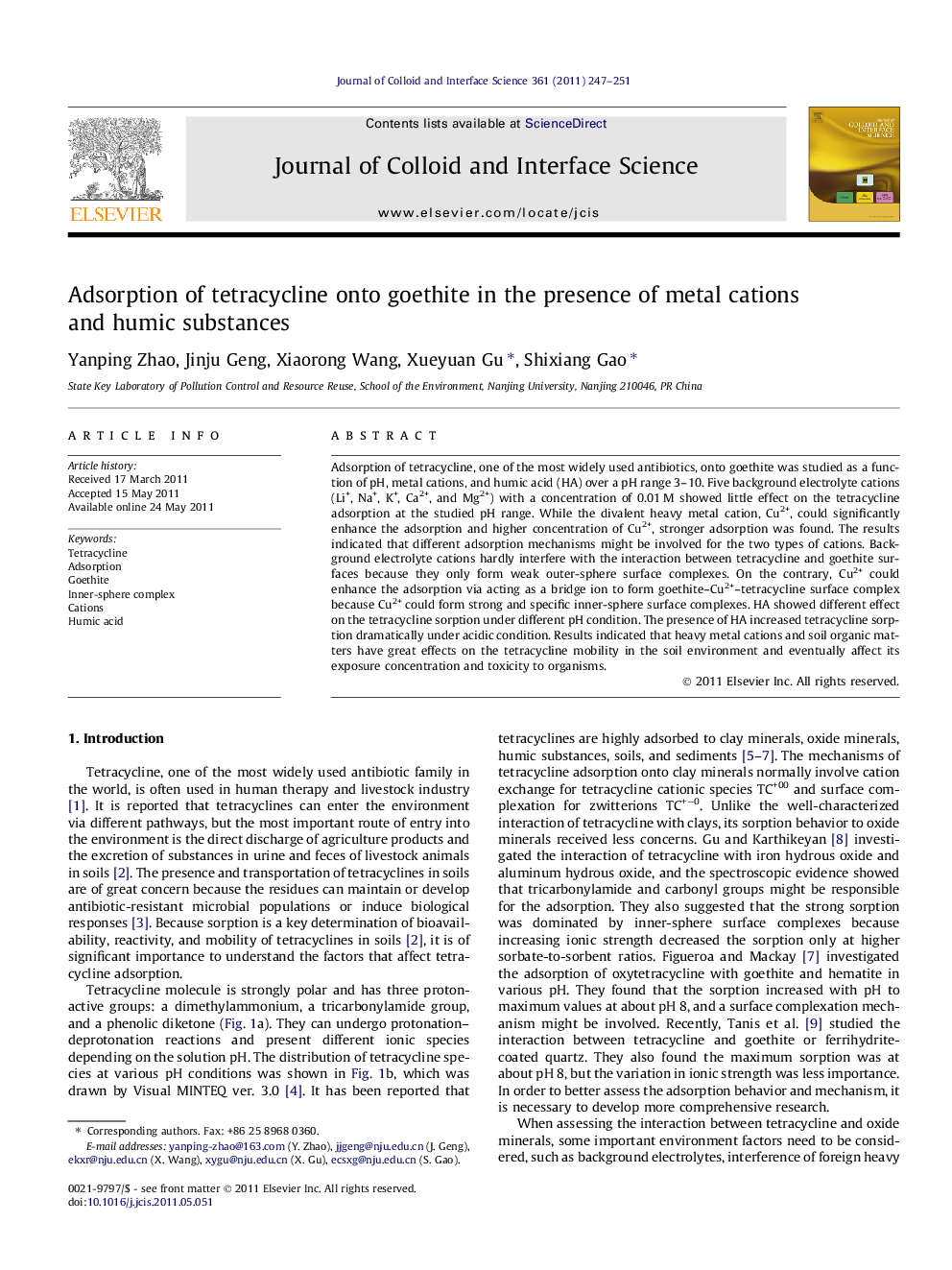 Adsorption of tetracycline onto goethite in the presence of metal cations and humic substances