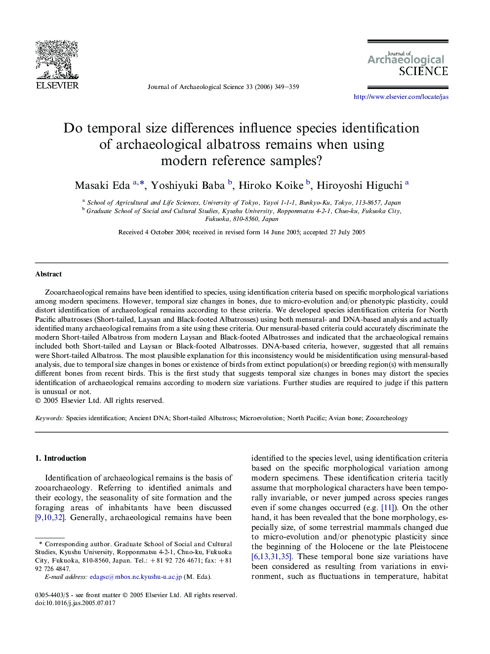 Do temporal size differences influence species identification of archaeological albatross remains when using modern reference samples?