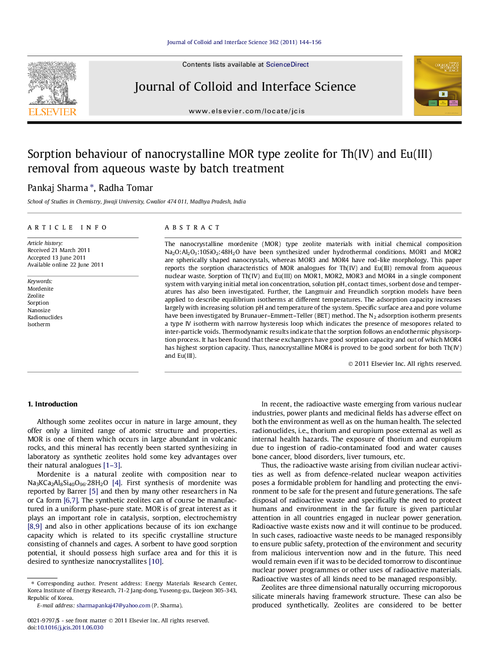 Sorption behaviour of nanocrystalline MOR type zeolite for Th(IV) and Eu(III) removal from aqueous waste by batch treatment