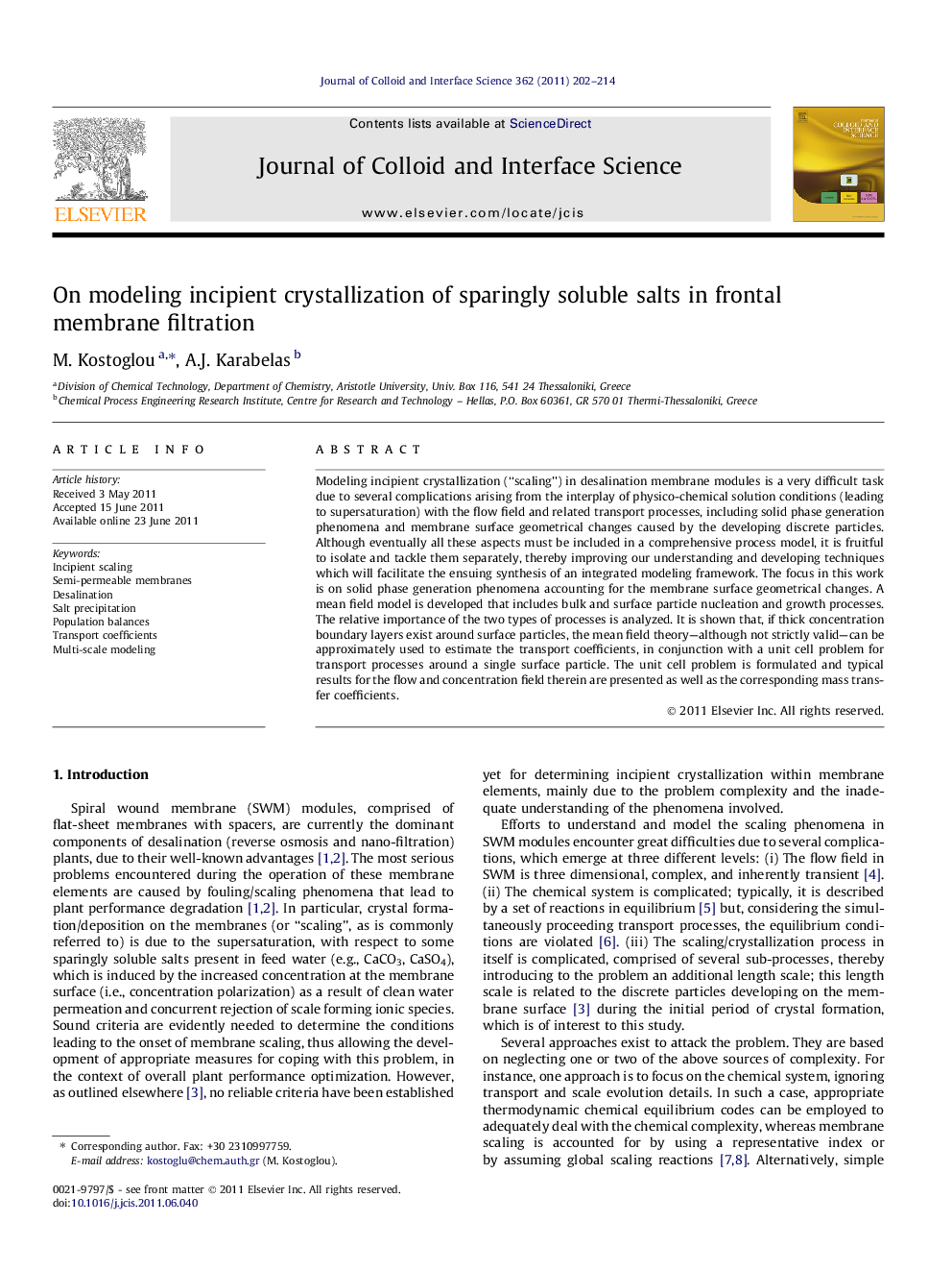 عکس صفحه اول مقاله: On modeling incipient crystallization of sparingly soluble salts in frontal membrane filtration On modeling incipient crystallization of sparingly soluble salts in frontal membrane filtration