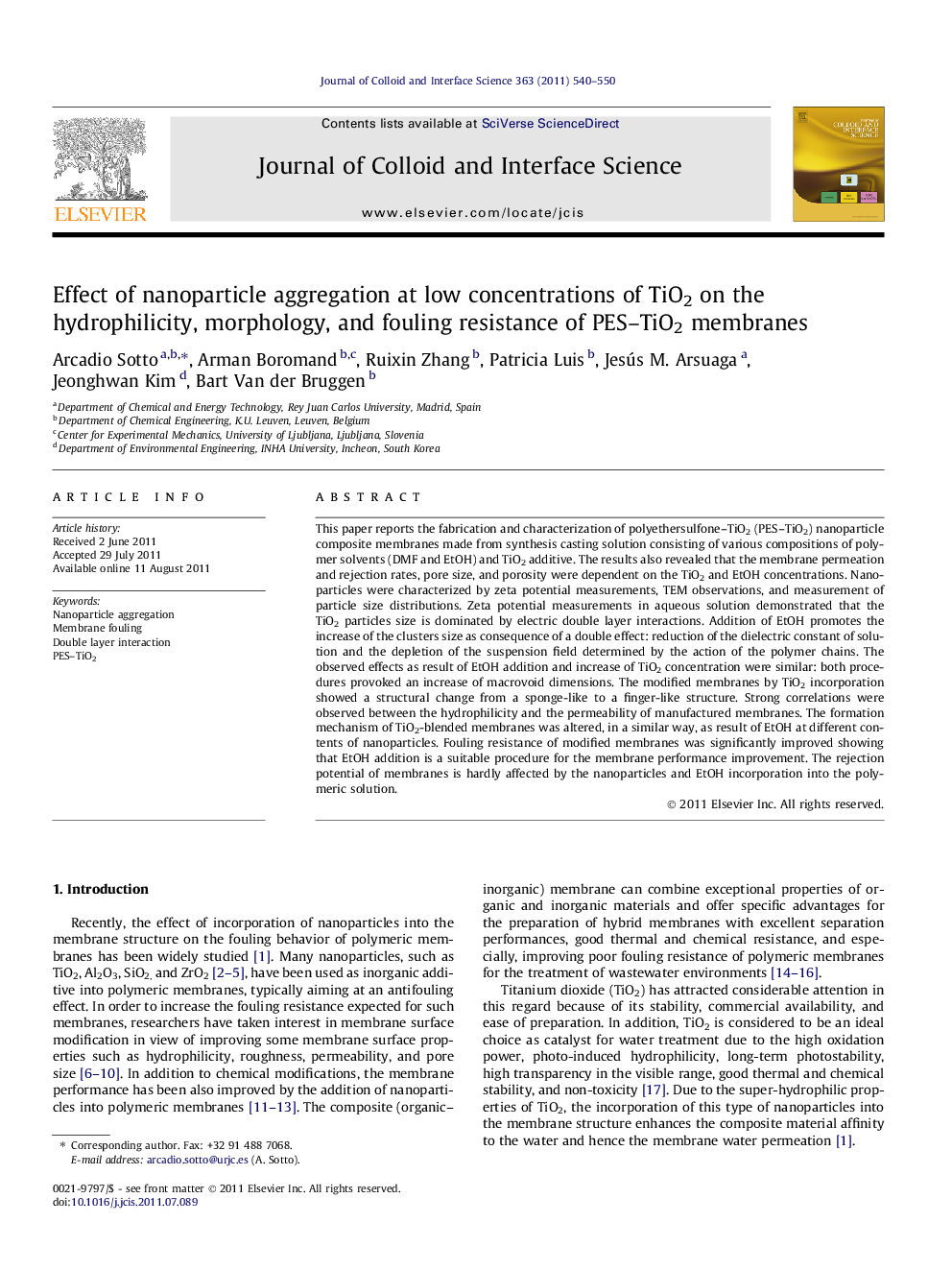 Effect of nanoparticle aggregation at low concentrations of TiO2 on the hydrophilicity, morphology, and fouling resistance of PES-TiO2 membranes