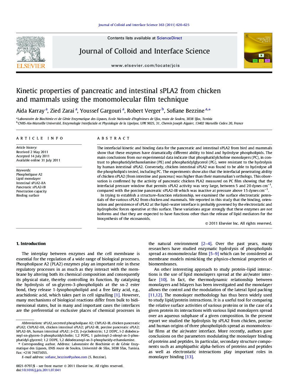 Kinetic properties of pancreatic and intestinal sPLA2 from chicken and mammals using the monomolecular film technique