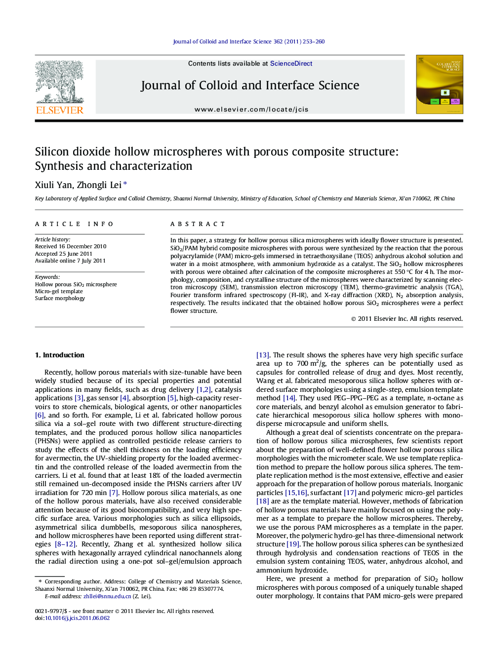 Silicon dioxide hollow microspheres with porous composite structure: Synthesis and characterization