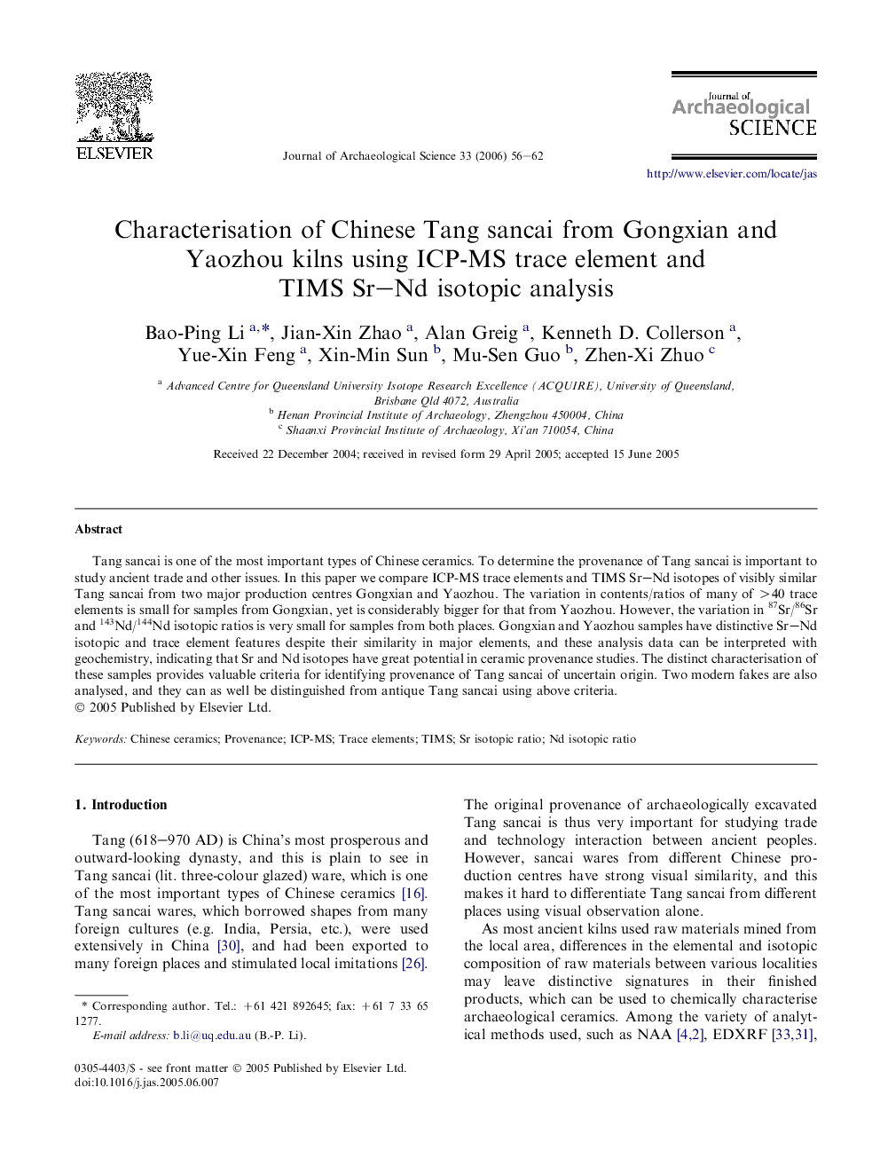 Characterisation of Chinese Tang sancai from Gongxian and Yaozhou kilns using ICP-MS trace element and TIMS Sr–Nd isotopic analysis