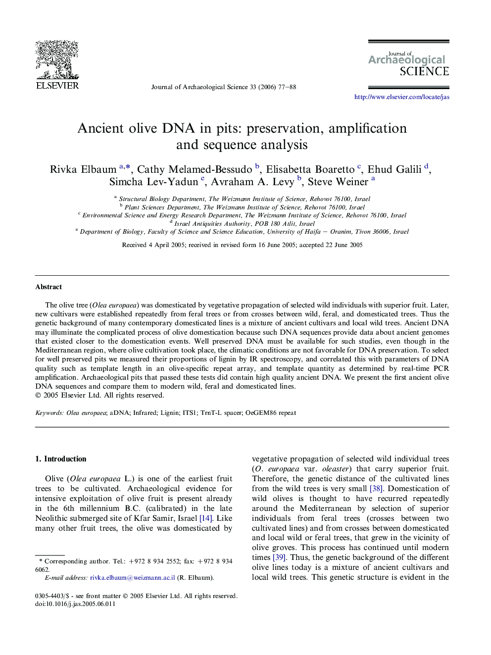 Ancient olive DNA in pits: preservation, amplification and sequence analysis