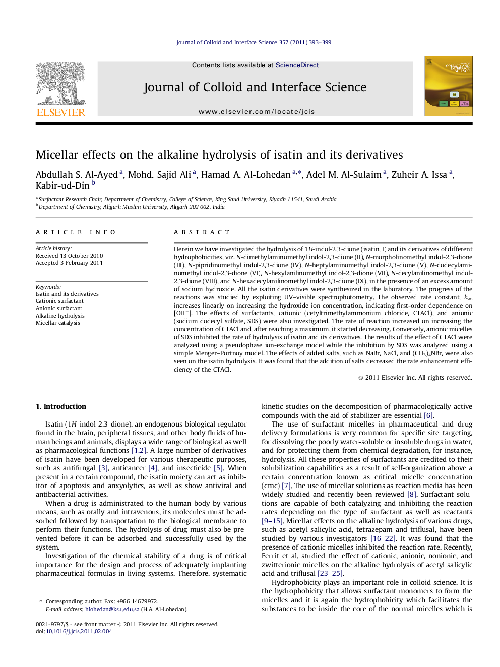 Micellar effects on the alkaline hydrolysis of isatin and its derivatives