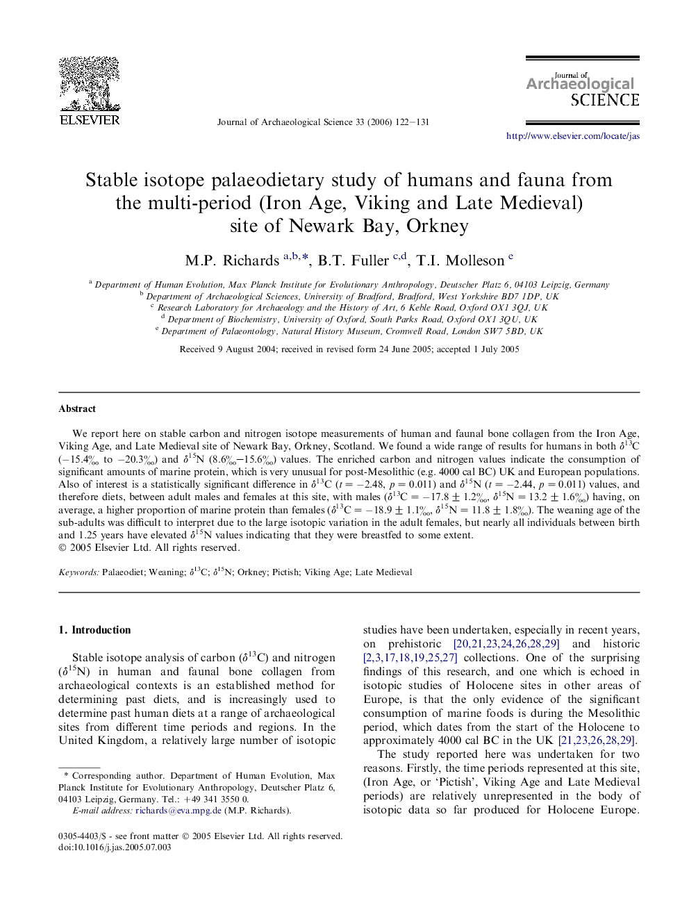 Stable isotope palaeodietary study of humans and fauna from the multi-period (Iron Age, Viking and Late Medieval) site of Newark Bay, Orkney