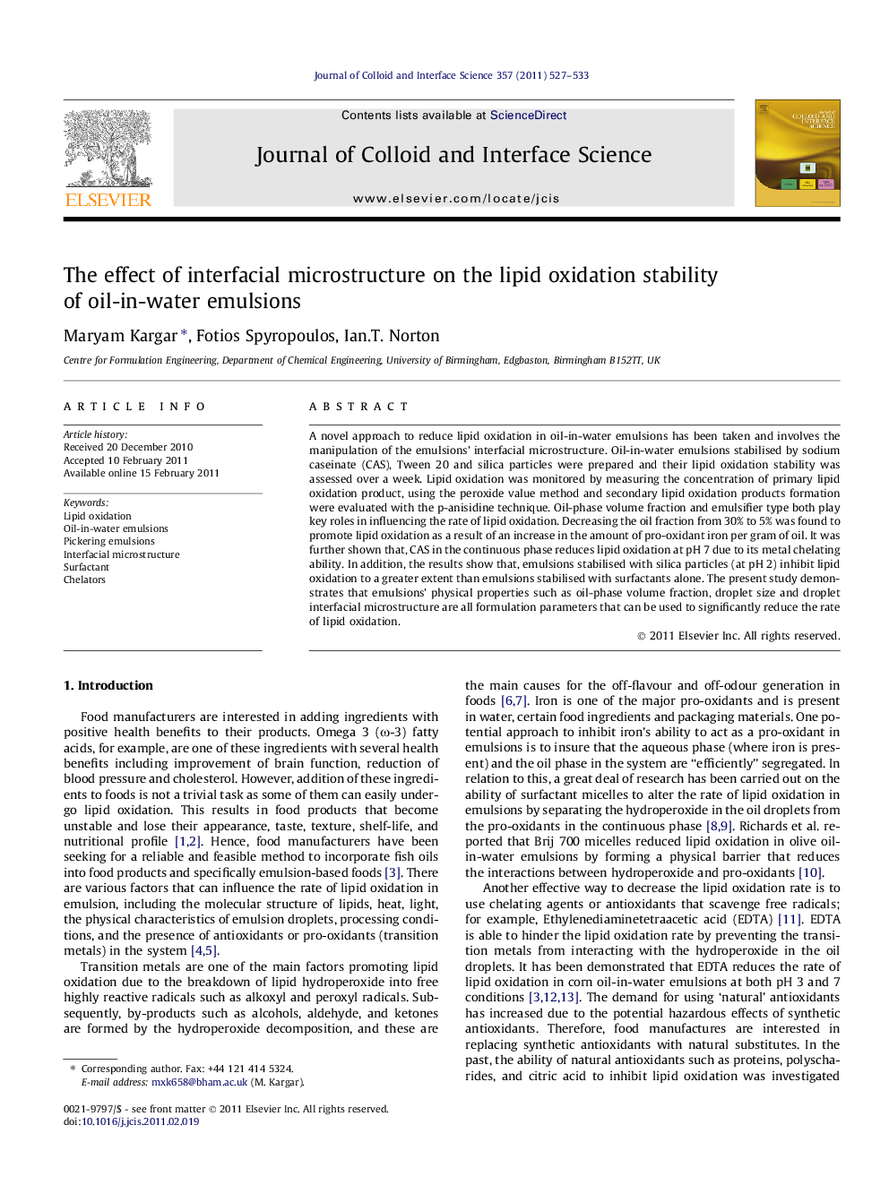 The effect of interfacial microstructure on the lipid oxidation stability of oil-in-water emulsions