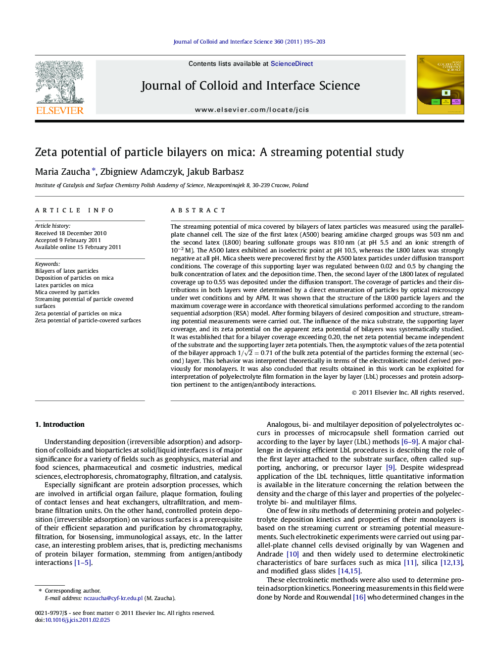 Zeta potential of particle bilayers on mica: A streaming potential study