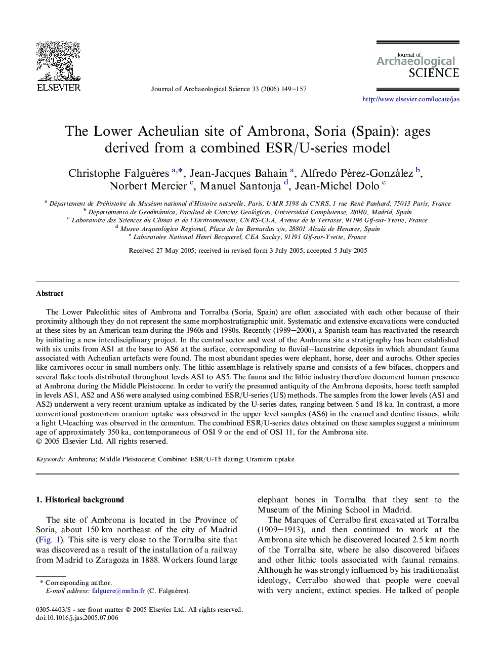 The Lower Acheulian site of Ambrona, Soria (Spain): ages derived from a combined ESR/U-series model