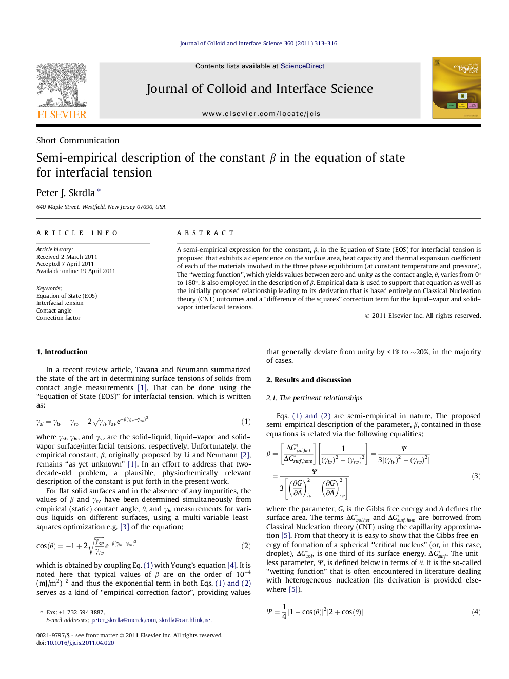 Semi-empirical description of the constant Î² in the equation of state for interfacial tension