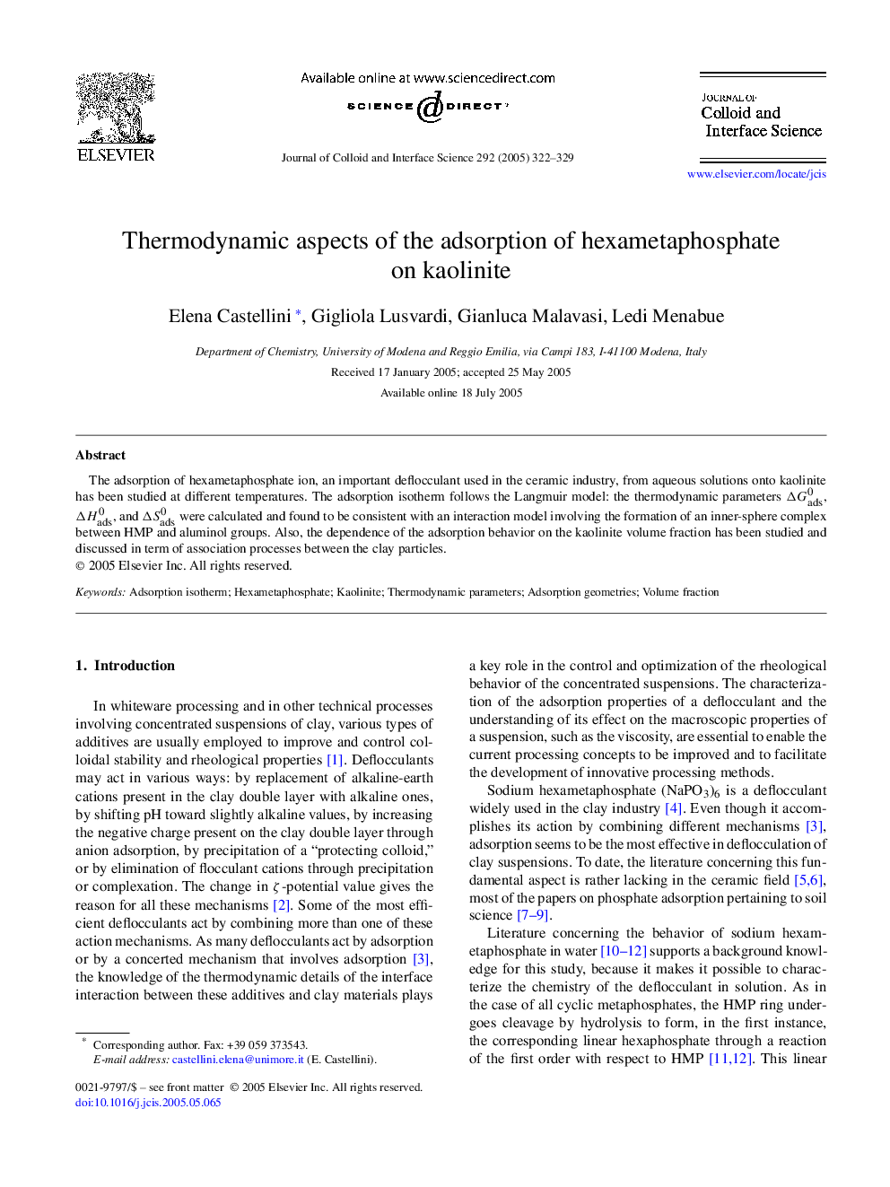 Thermodynamic aspects of the adsorption of hexametaphosphate on kaolinite