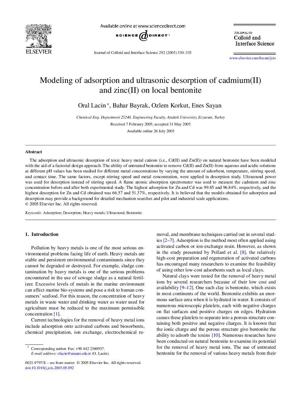 Modeling of adsorption and ultrasonic desorption of cadmium(II) and zinc(II) on local bentonite