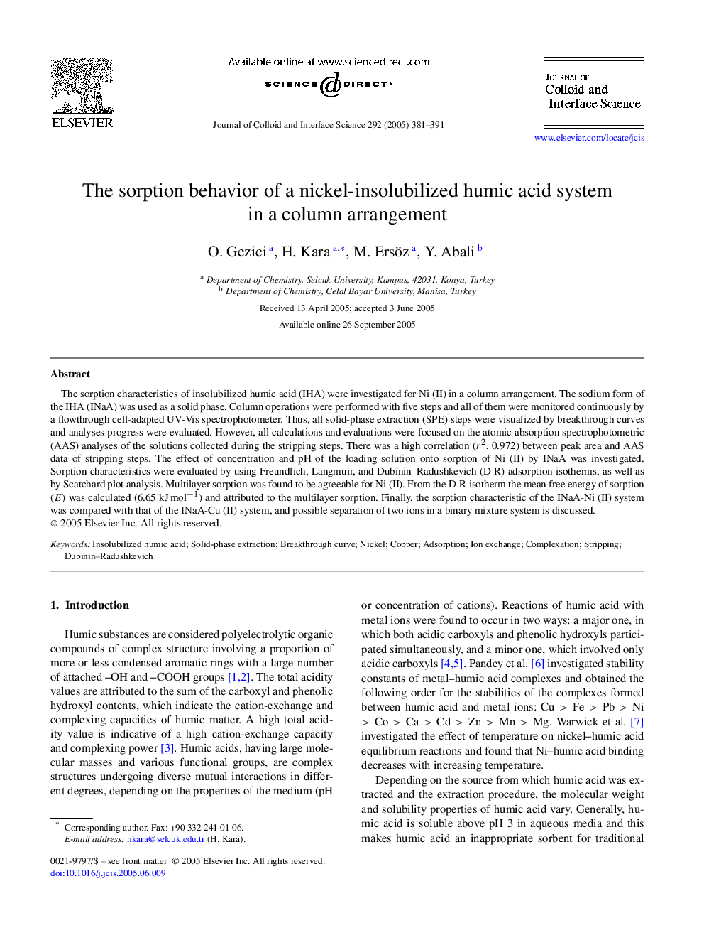 The sorption behavior of a nickel-insolubilized humic acid system in a column arrangement